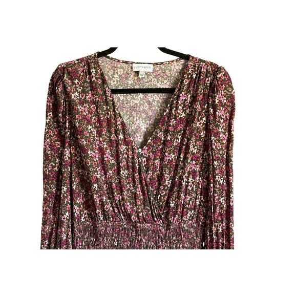 Lucky Paris Floral Smocked Waist Dress L Purple Green Cottagecore Chic - Picture 2 of 7